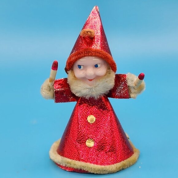 Vintage 1950s Elf Ornament Red Foil Putz Candles Celluloid Face Chenille Japan - Picture 2 of 9